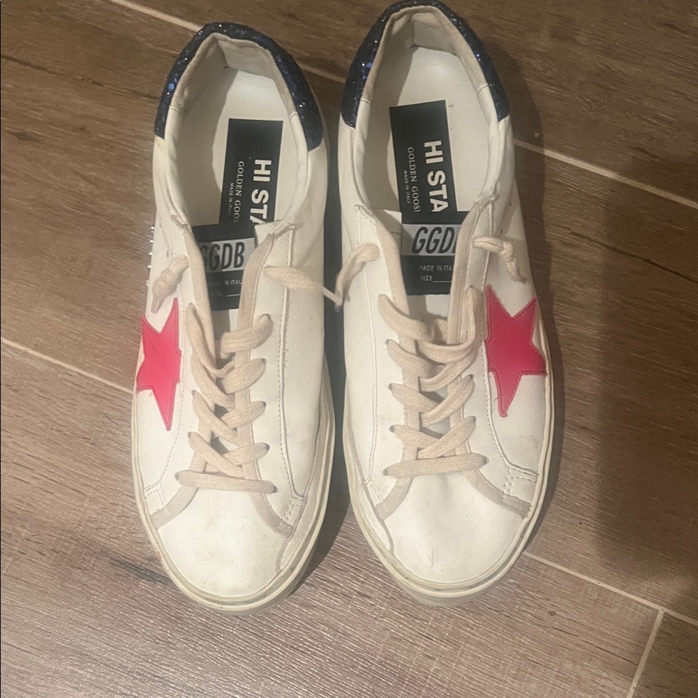 Golden Goose White Sneakers with Red Star